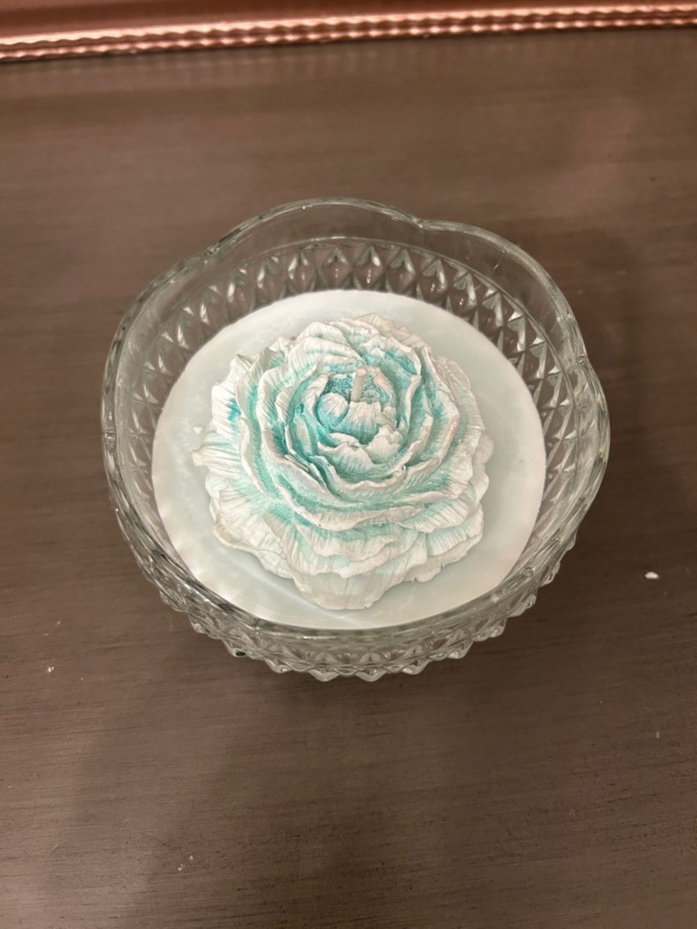 Handmade Candle in Vintages Class Clawfoot Bowl w/ White and Aqua Flower Accent